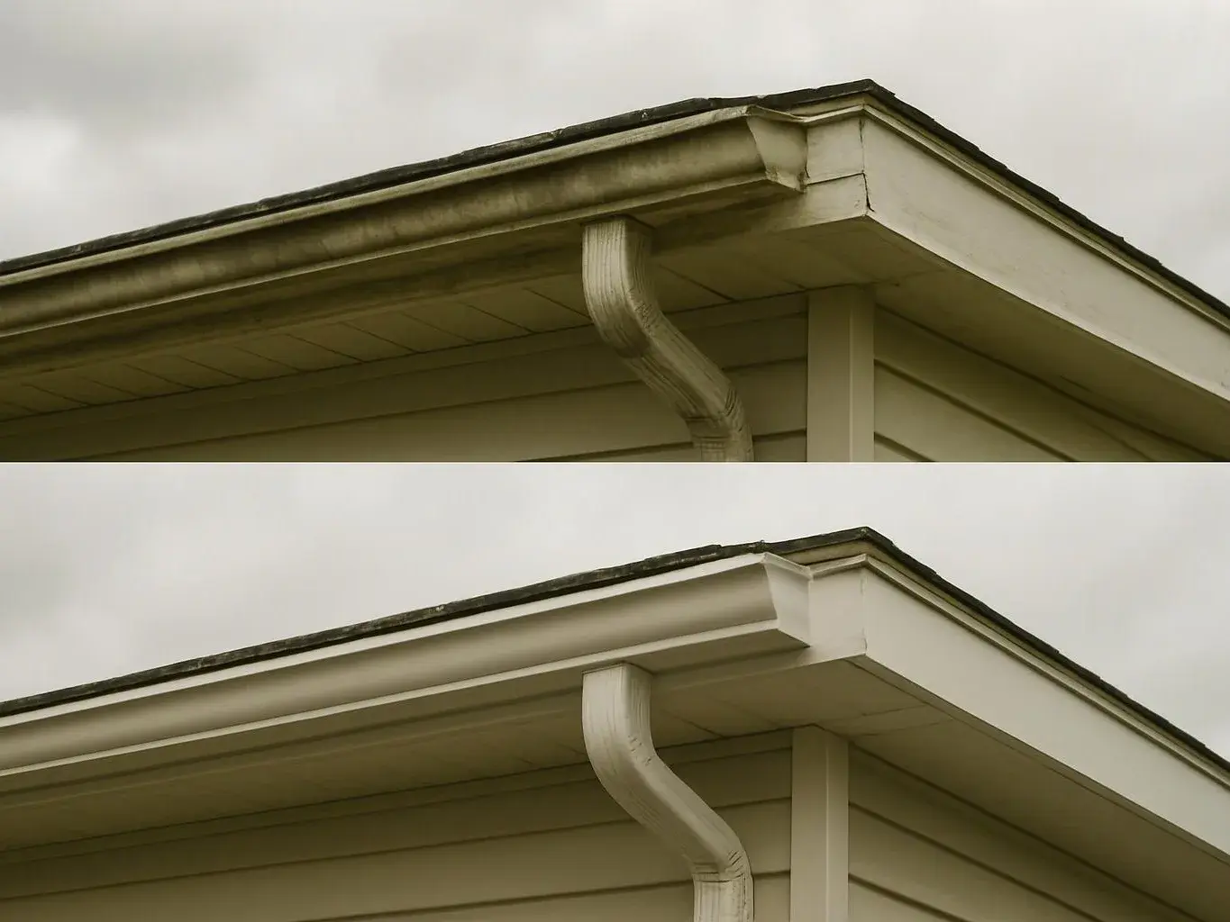 Two gutter and roof eave closeups show one weathered and one freshly repaired against a gray sky