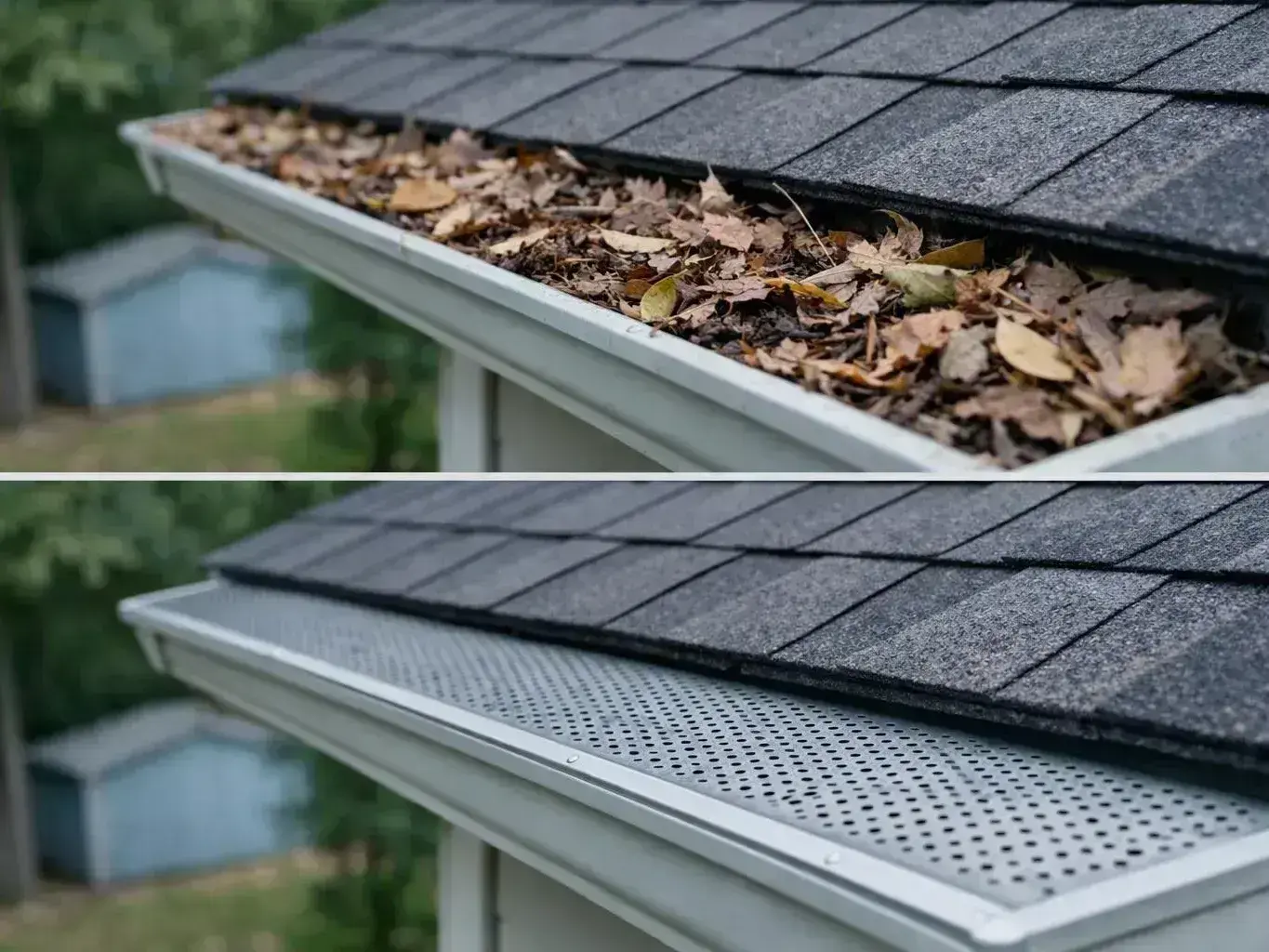 Two gutter views show leaves clogging one gutter and a clean perforated gutter guard below