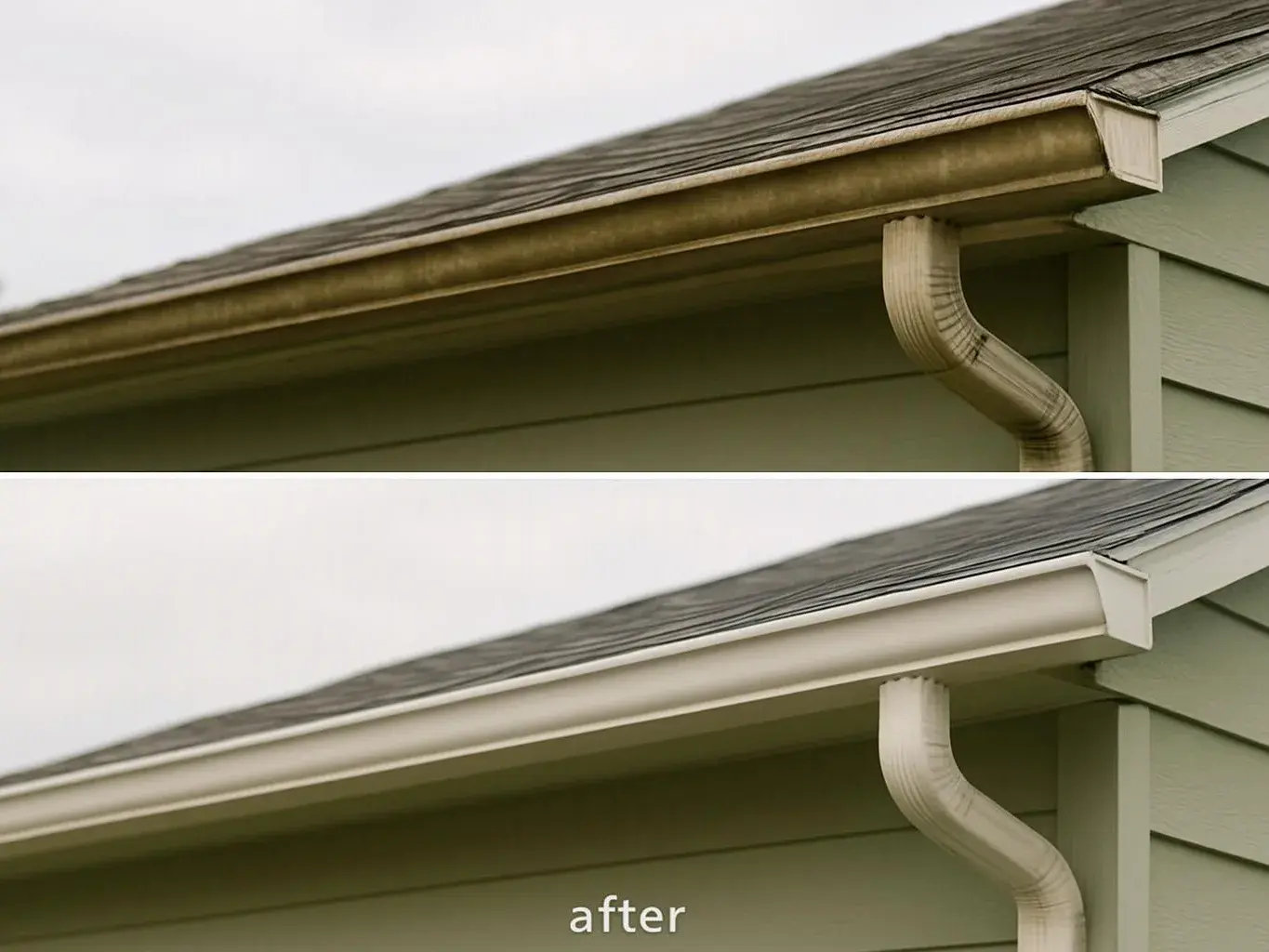 Two house eaves show a brown gutter above and a white gutter below with the word "after" visible