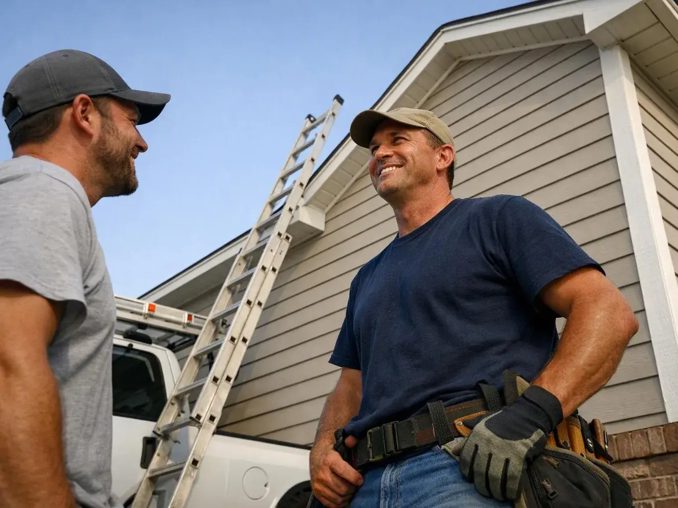 Two men in caps chat beside a house, with a ladder and work truck in the driveway