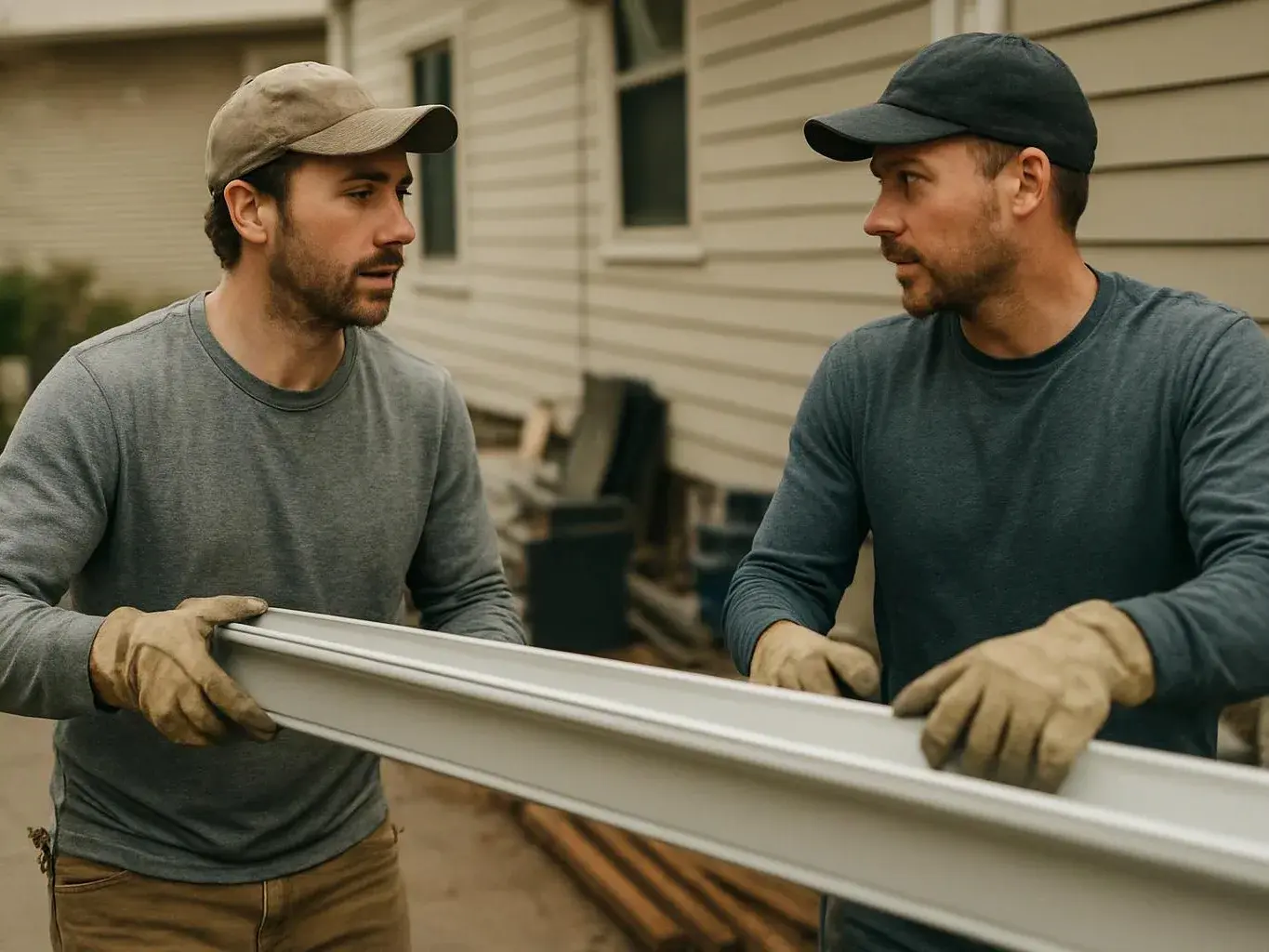Two men in caps and work gloves carry a long white gutter beside a house