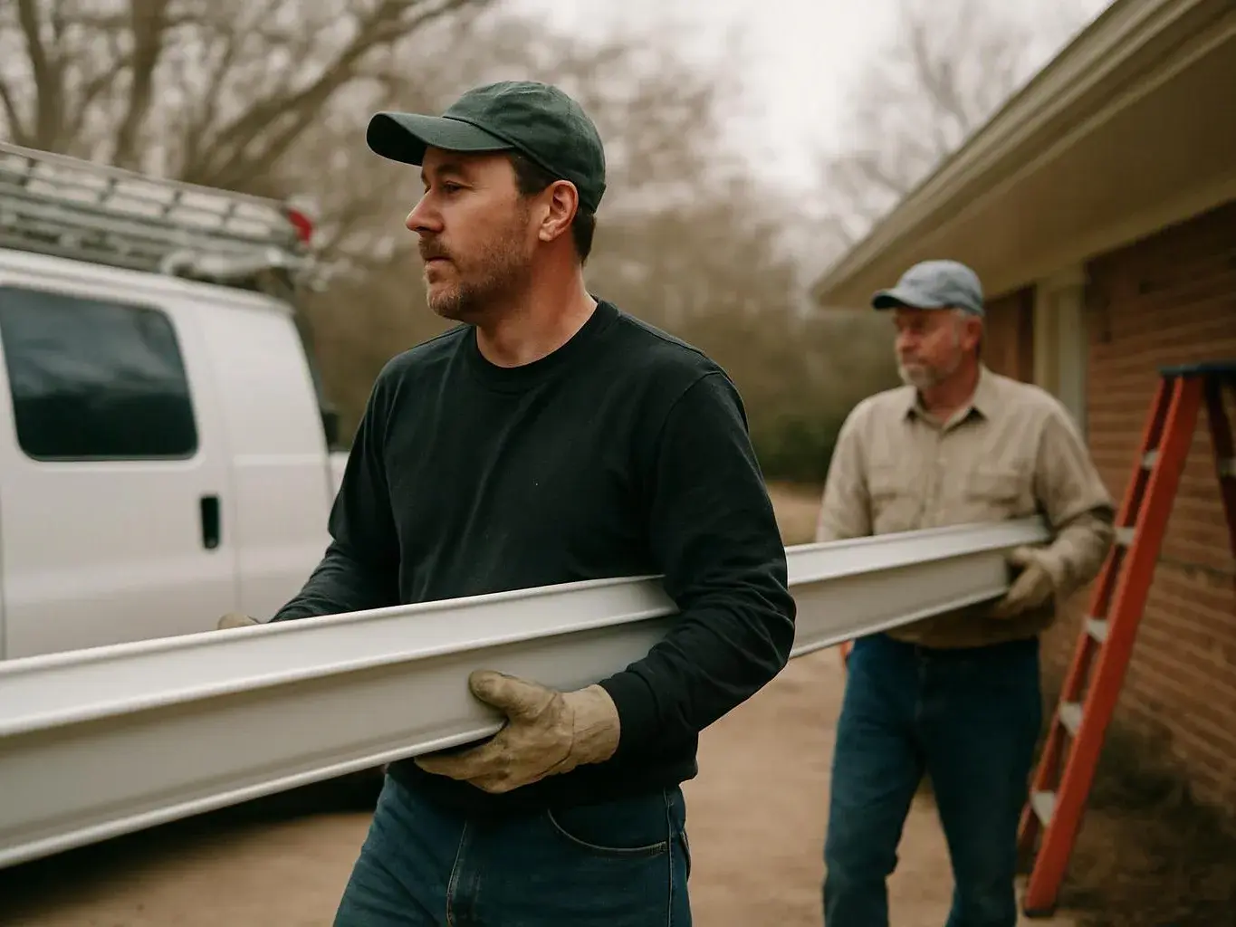 Two men carry a long white gutter beside a house, with a ladder and van nearby