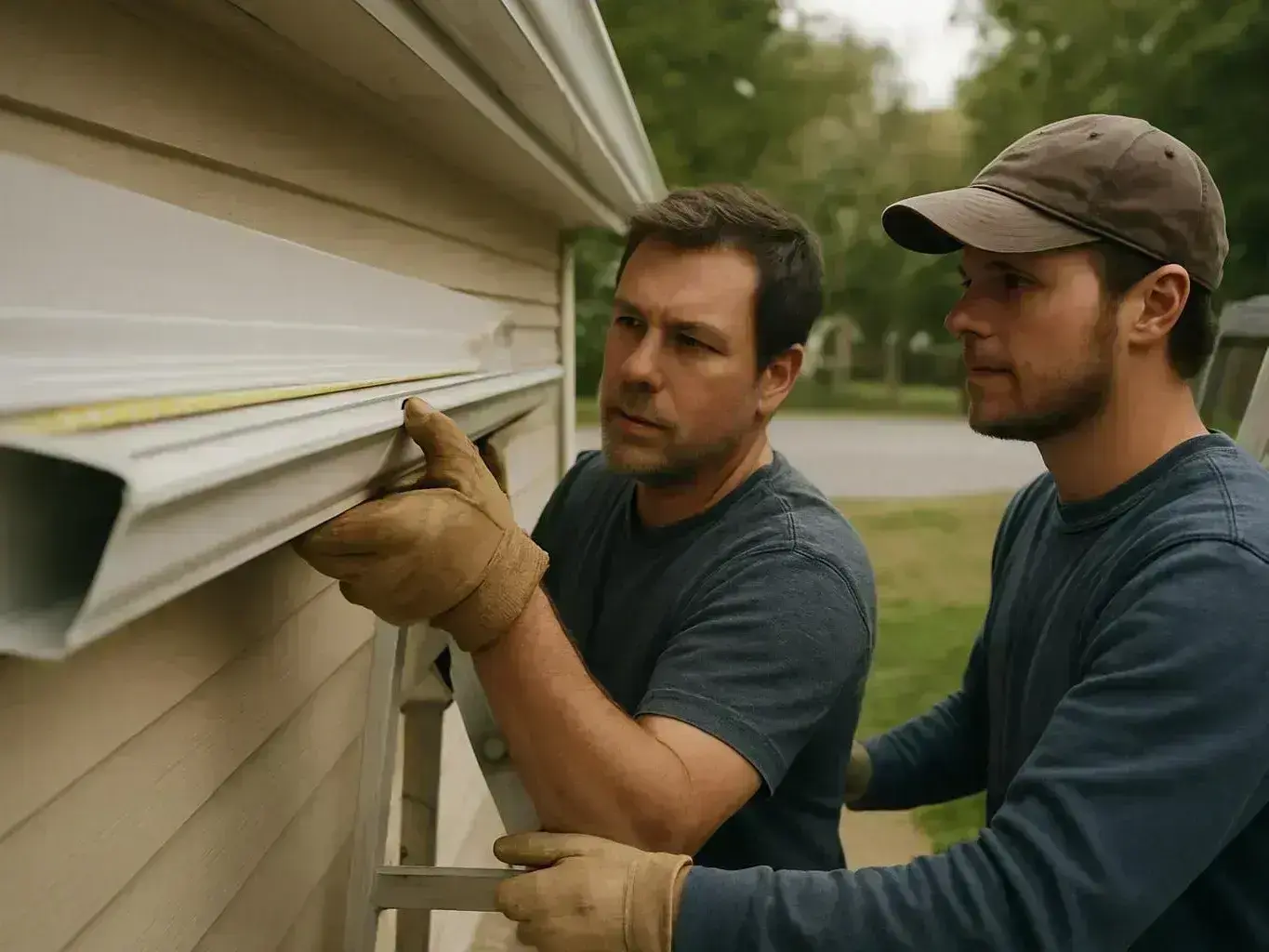 Two men in gloves adjust a gutter on a house exterior in a yard