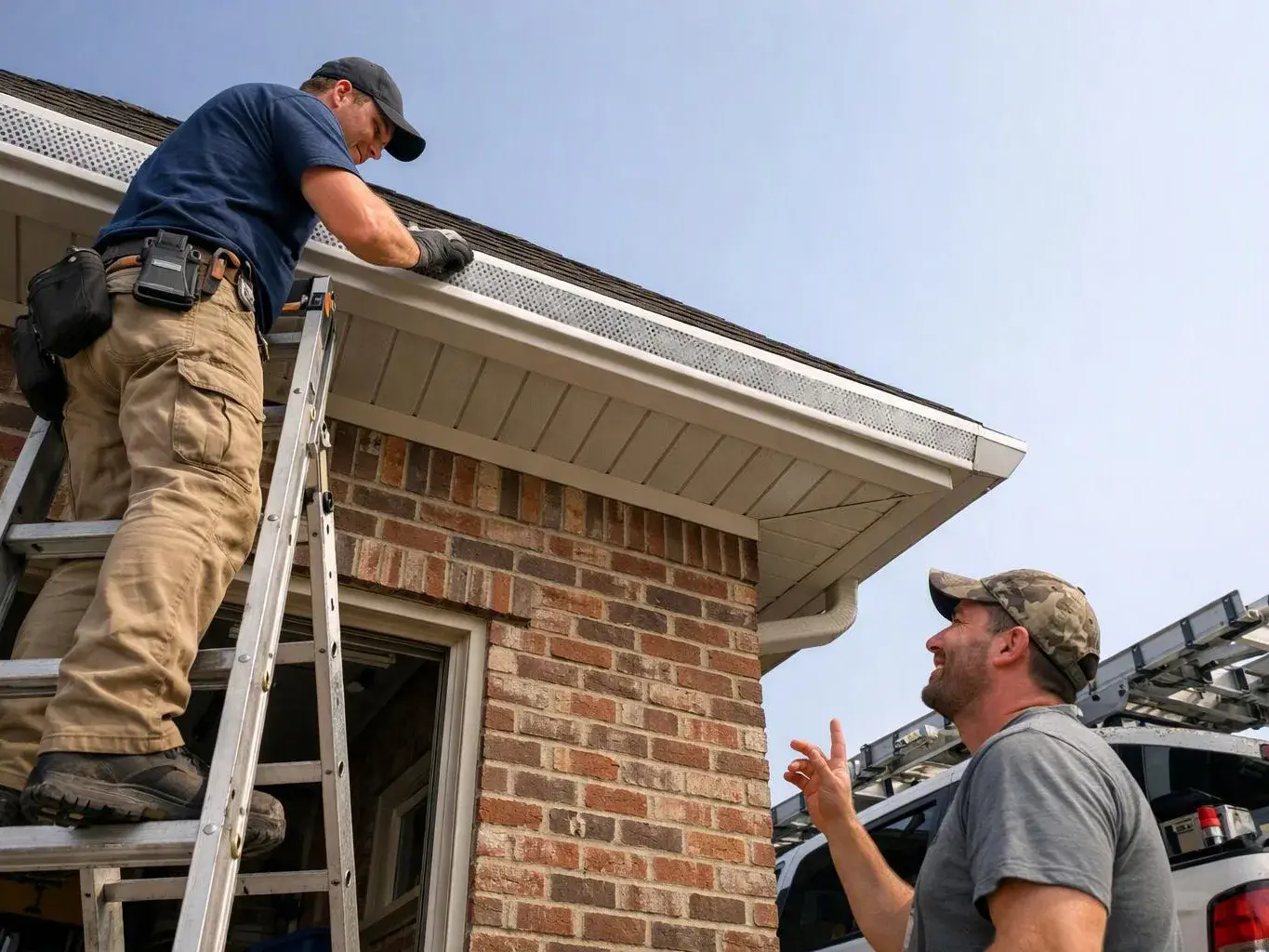 Two men inspect a house roof and gutter, one stands on a ladder while the other points below
