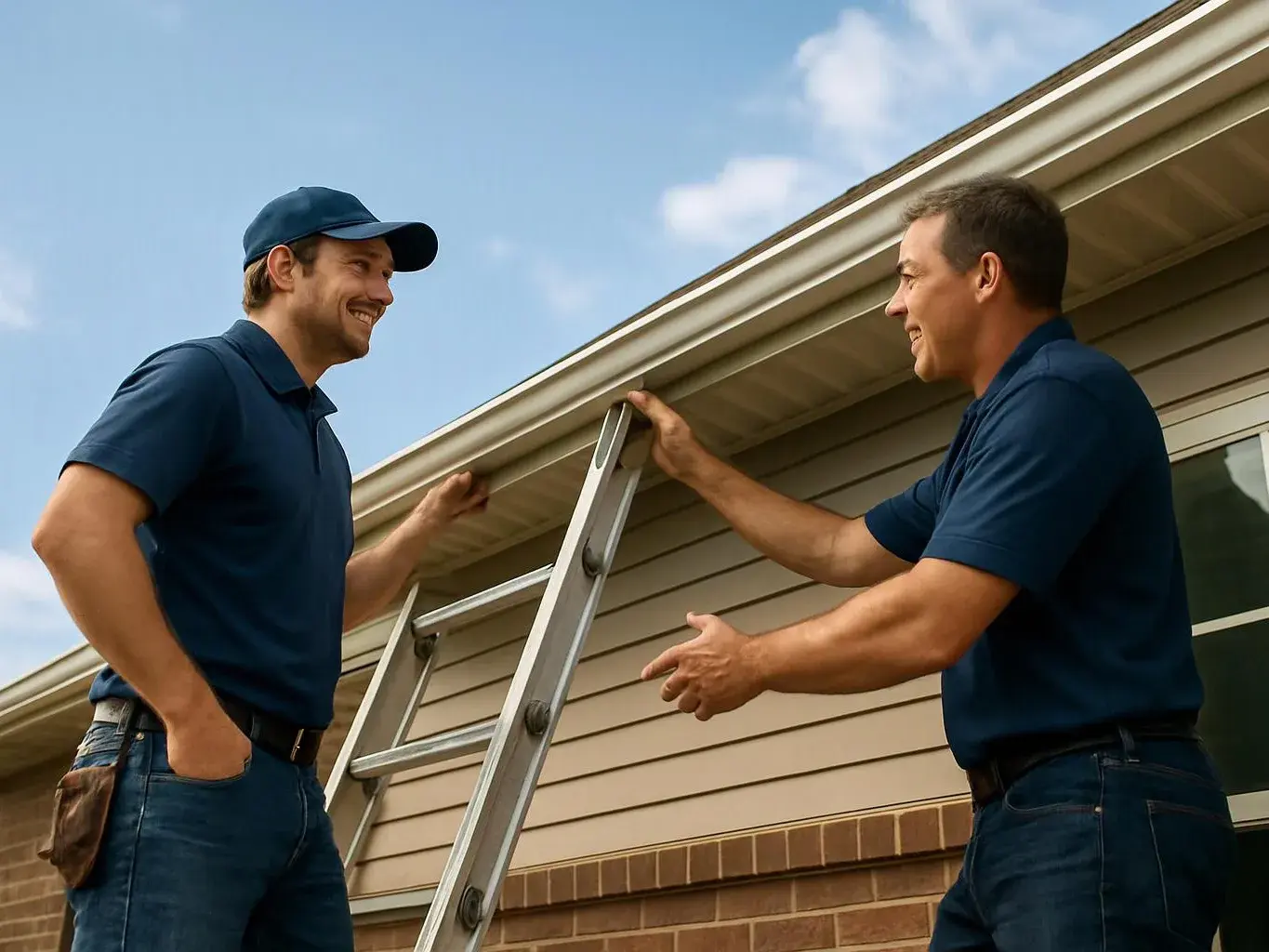 Two men in navy shirts talk beside a ladder under the roof eaves of a house