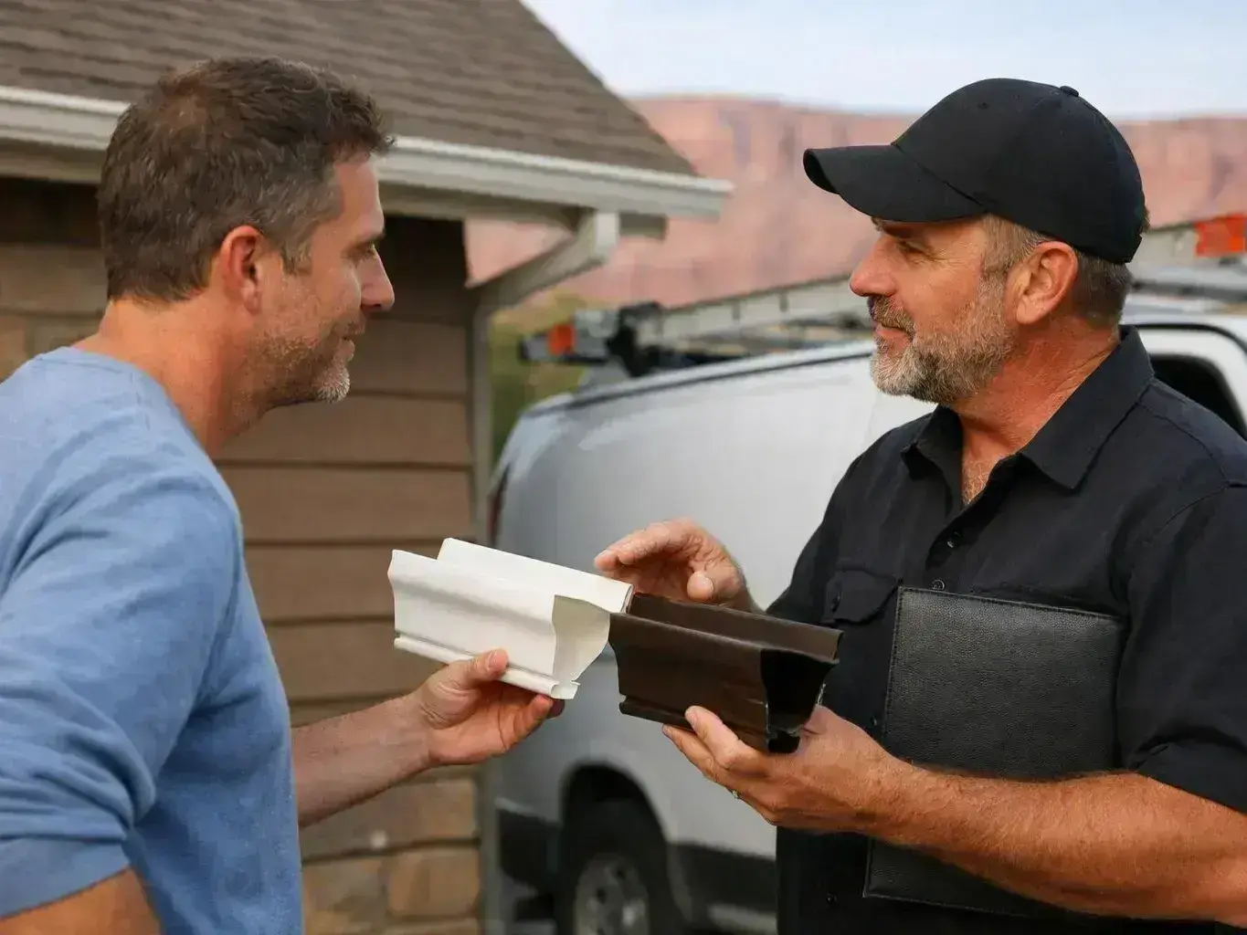 Two men stand beside a van, comparing white and dark metal trim pieces outside a house