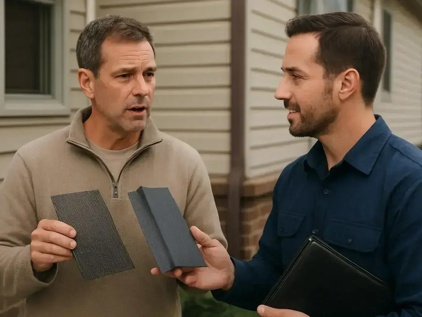 Two men stand outside a house, comparing roof sample boards and talking