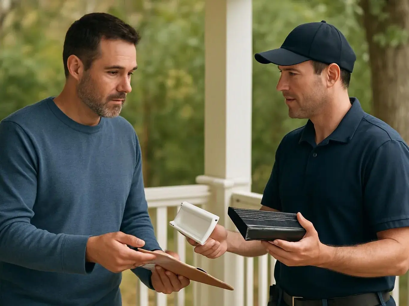 Two men stand on a porch, examining small sample pieces while talking against a blurred green yard