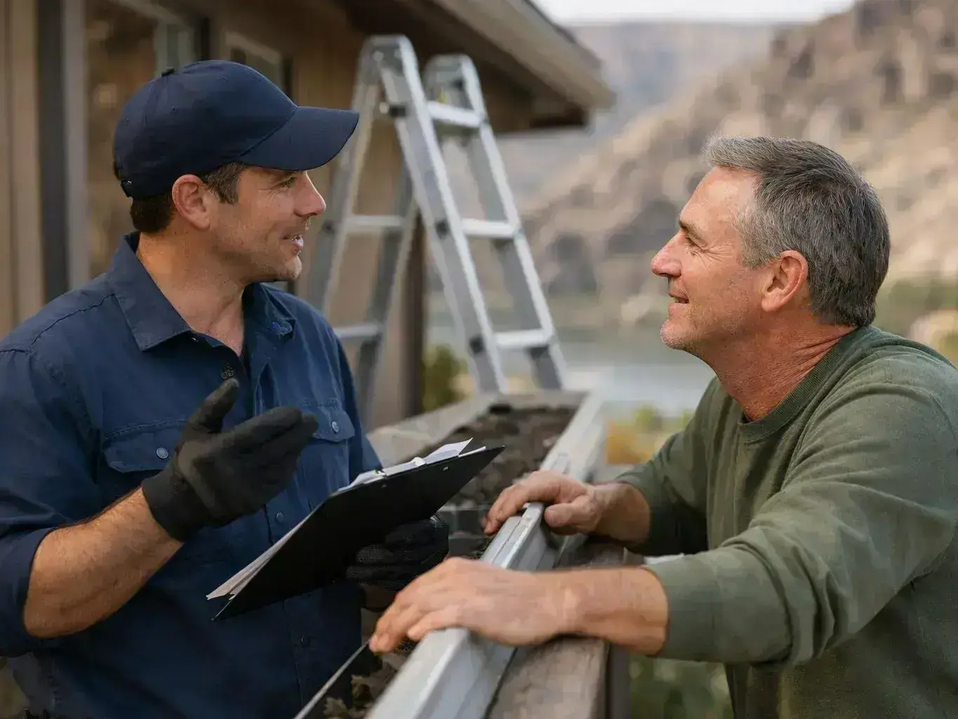 Two men talk beside a railing outdoors, one holding a clipboard near a ladder and house eaves