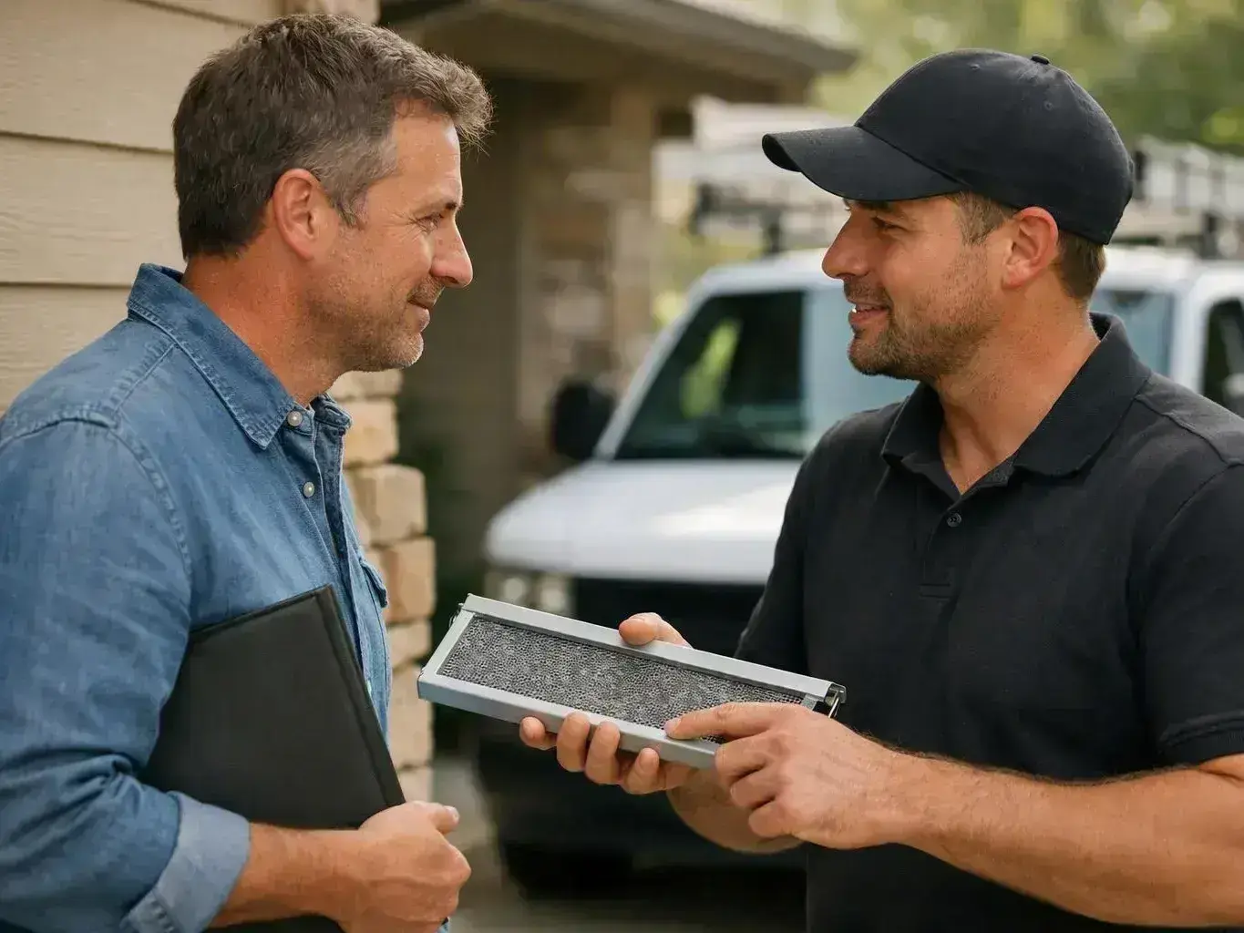 Two men talk outside a house while one shows a rectangular filter part and the other holds a folder