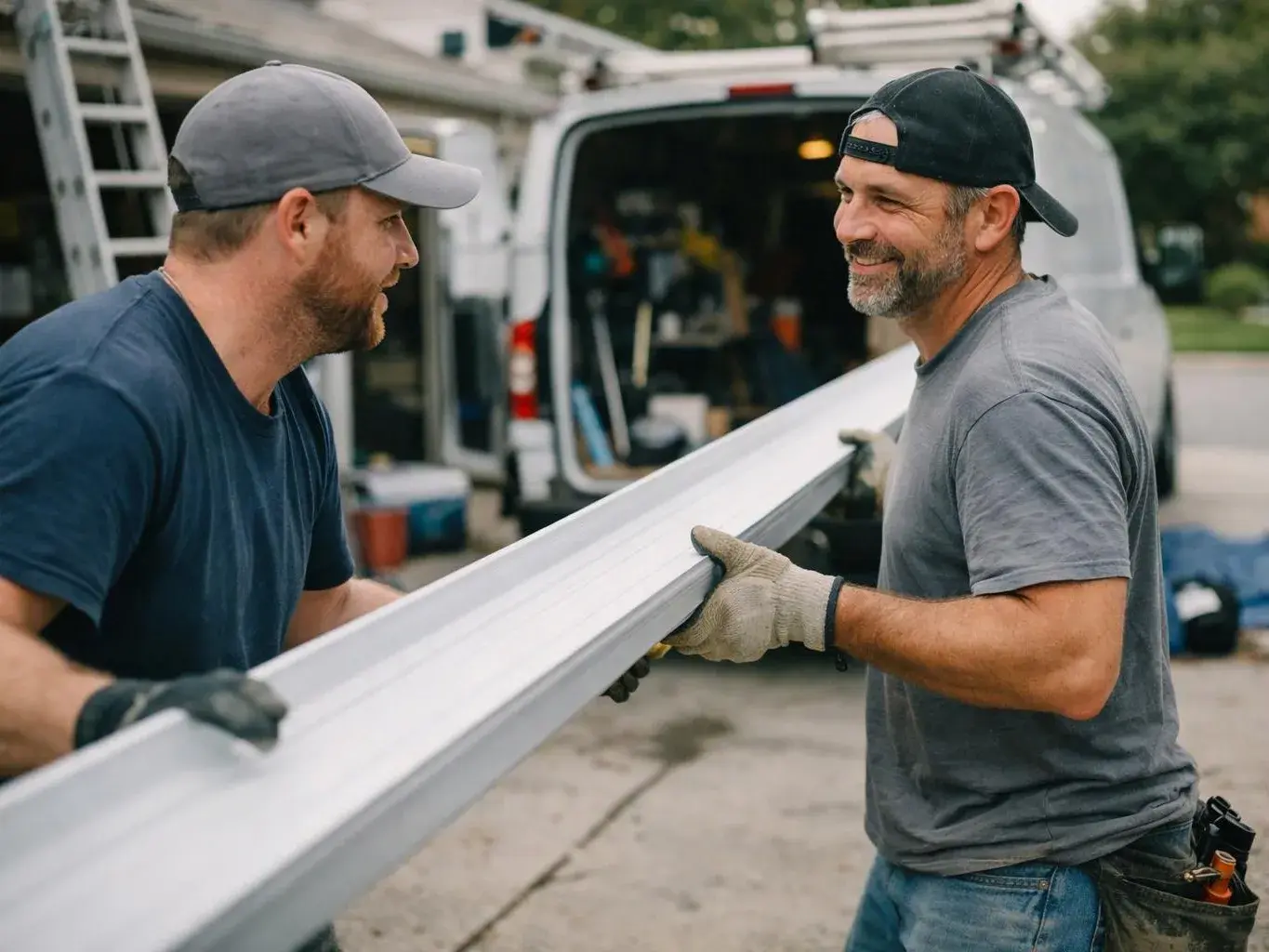 Two men in work gloves carry a long white metal beam beside an open van and ladder