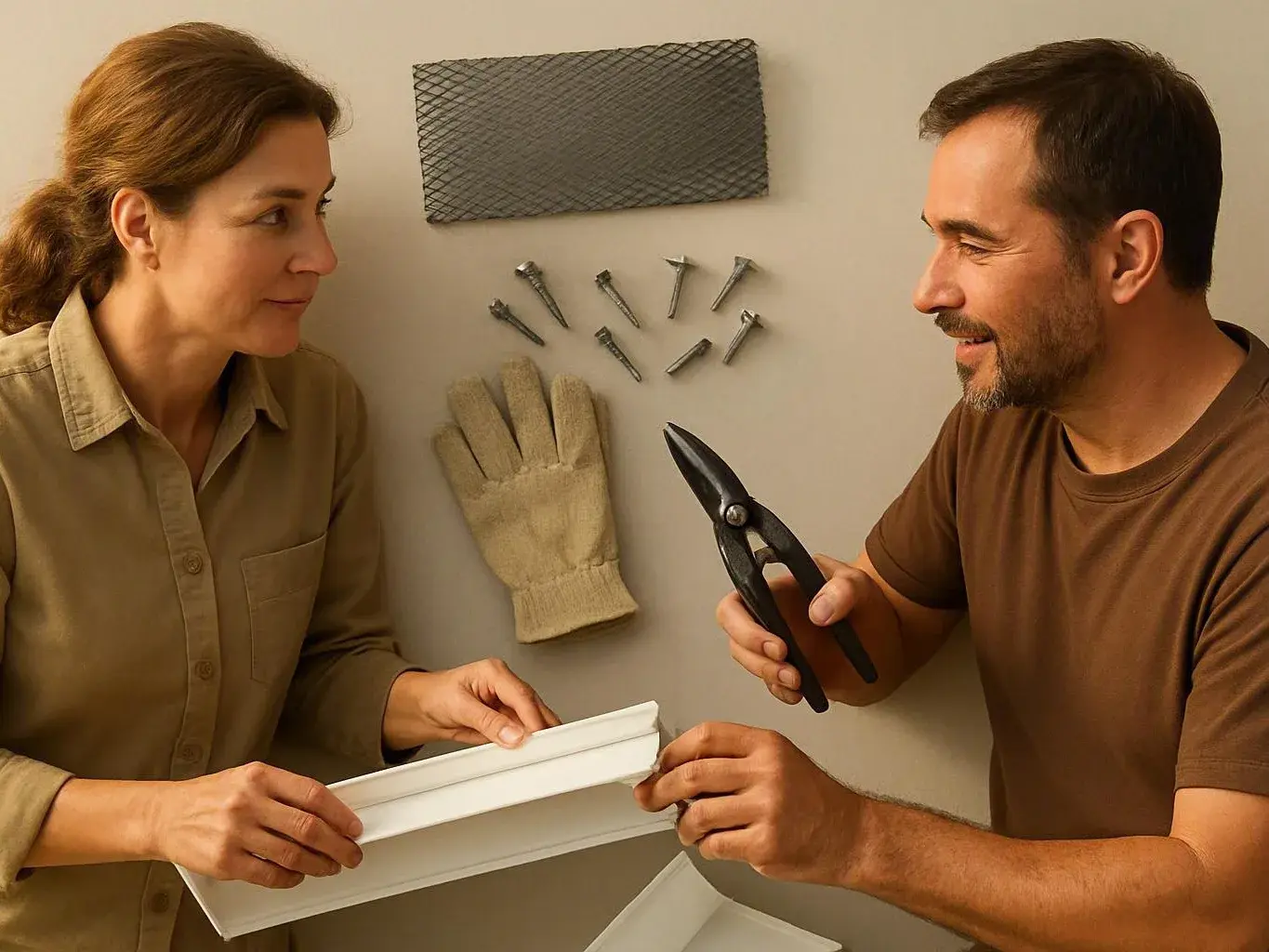 Two people inspect trim pieces and tools on a wall while one holds snips and the other holds a white molding strip