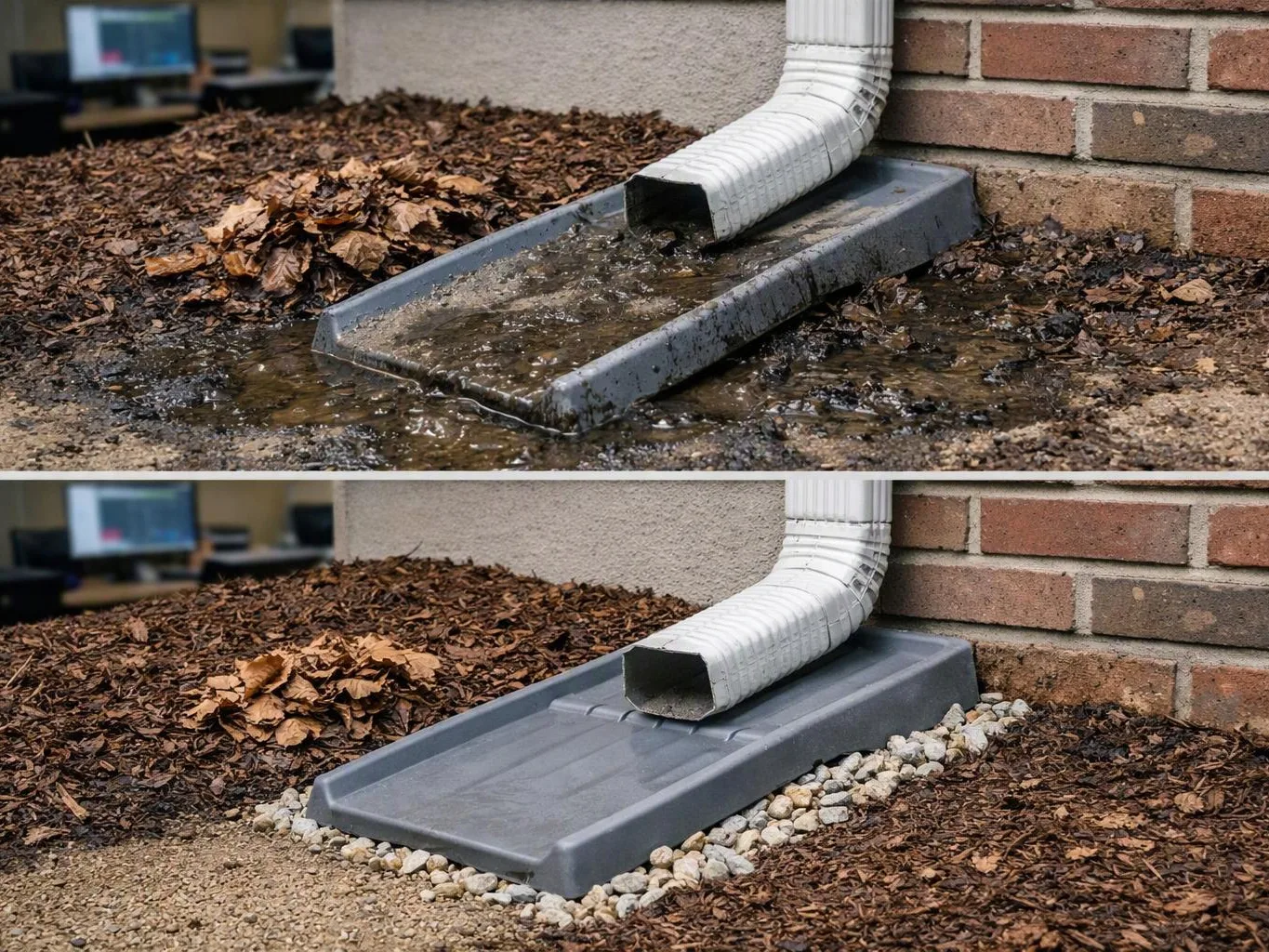 Two photos show a white downspout draining beside a brick wall