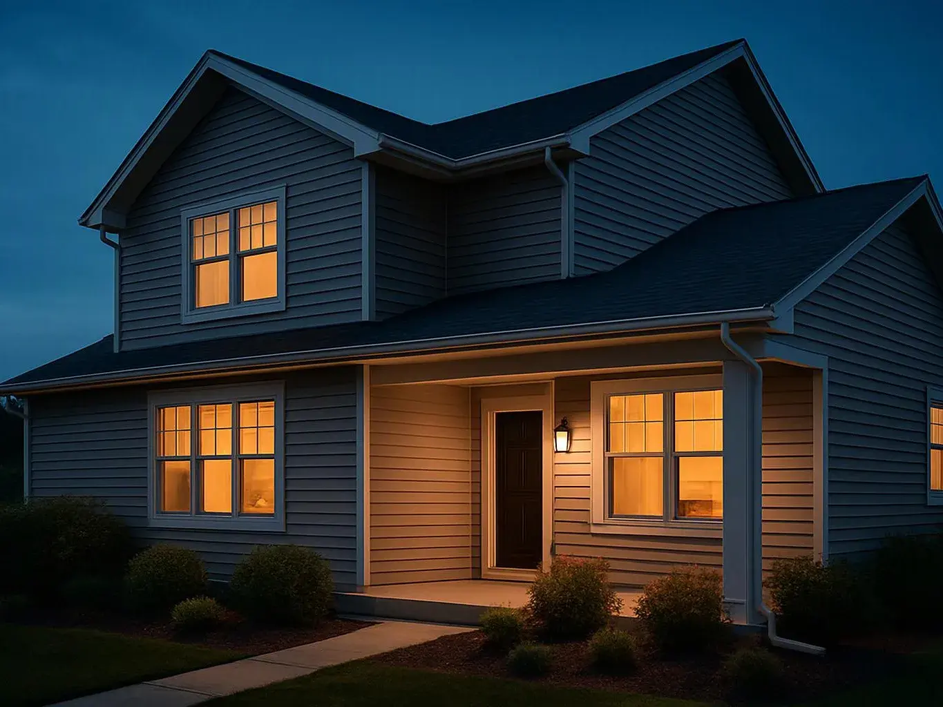 A two-story house glows with warm windows at dusk, with a lit porch and front walkway