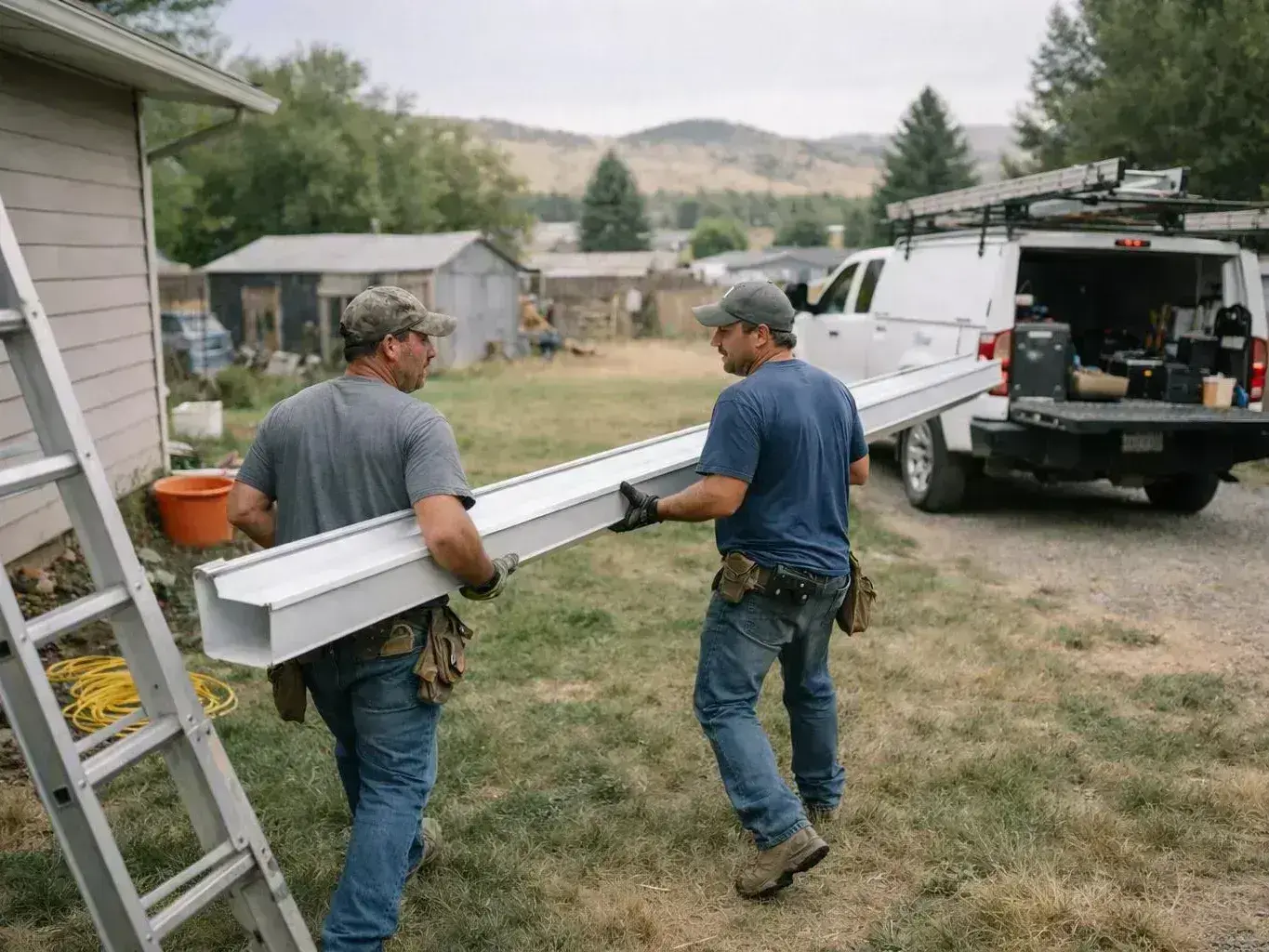 Two workers carry a long metal gutter across a grassy yard beside a white utility truck and ladder