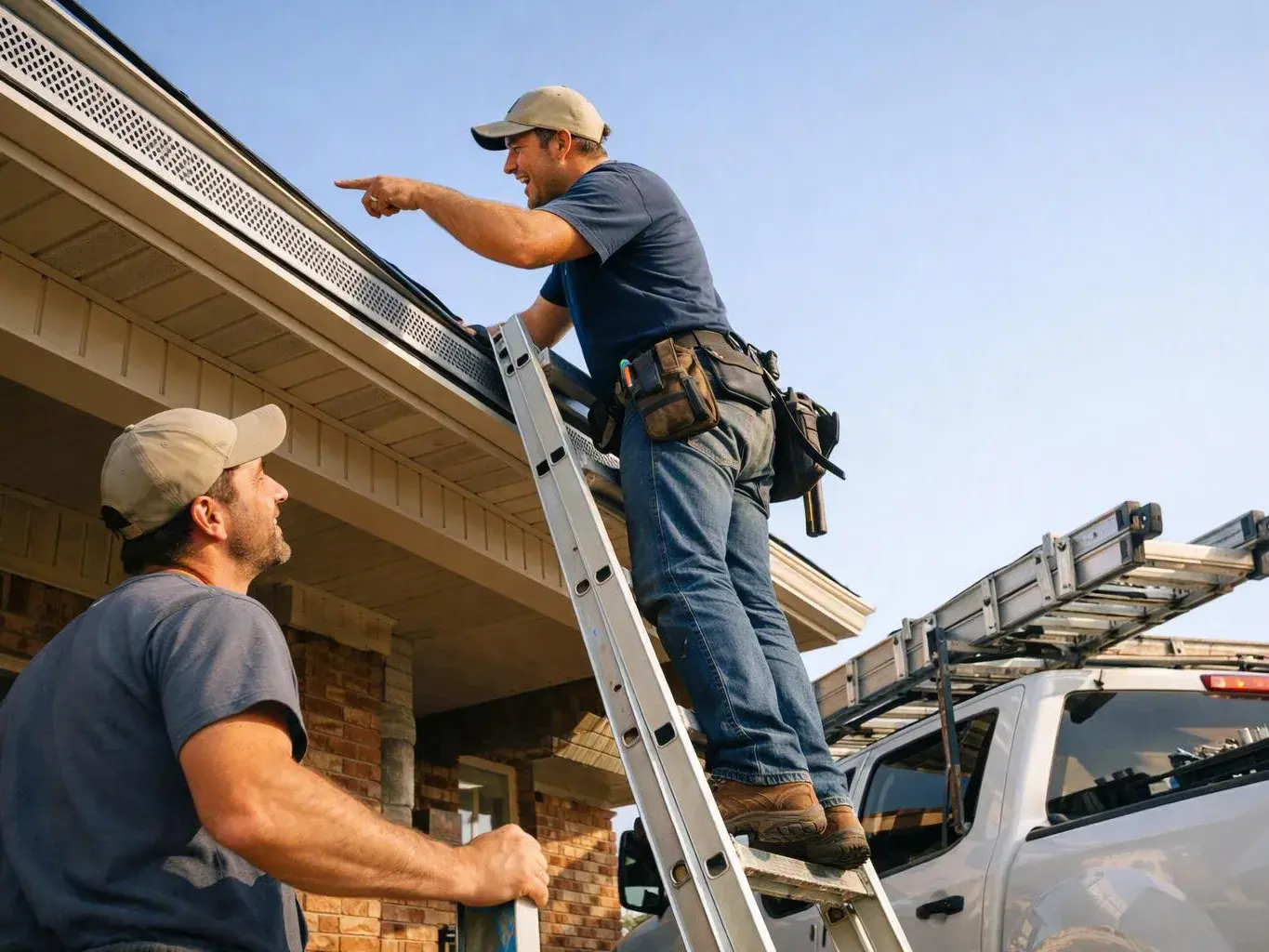 Two workers inspect a roof from a ladder beside a truck under a clear blue sky
