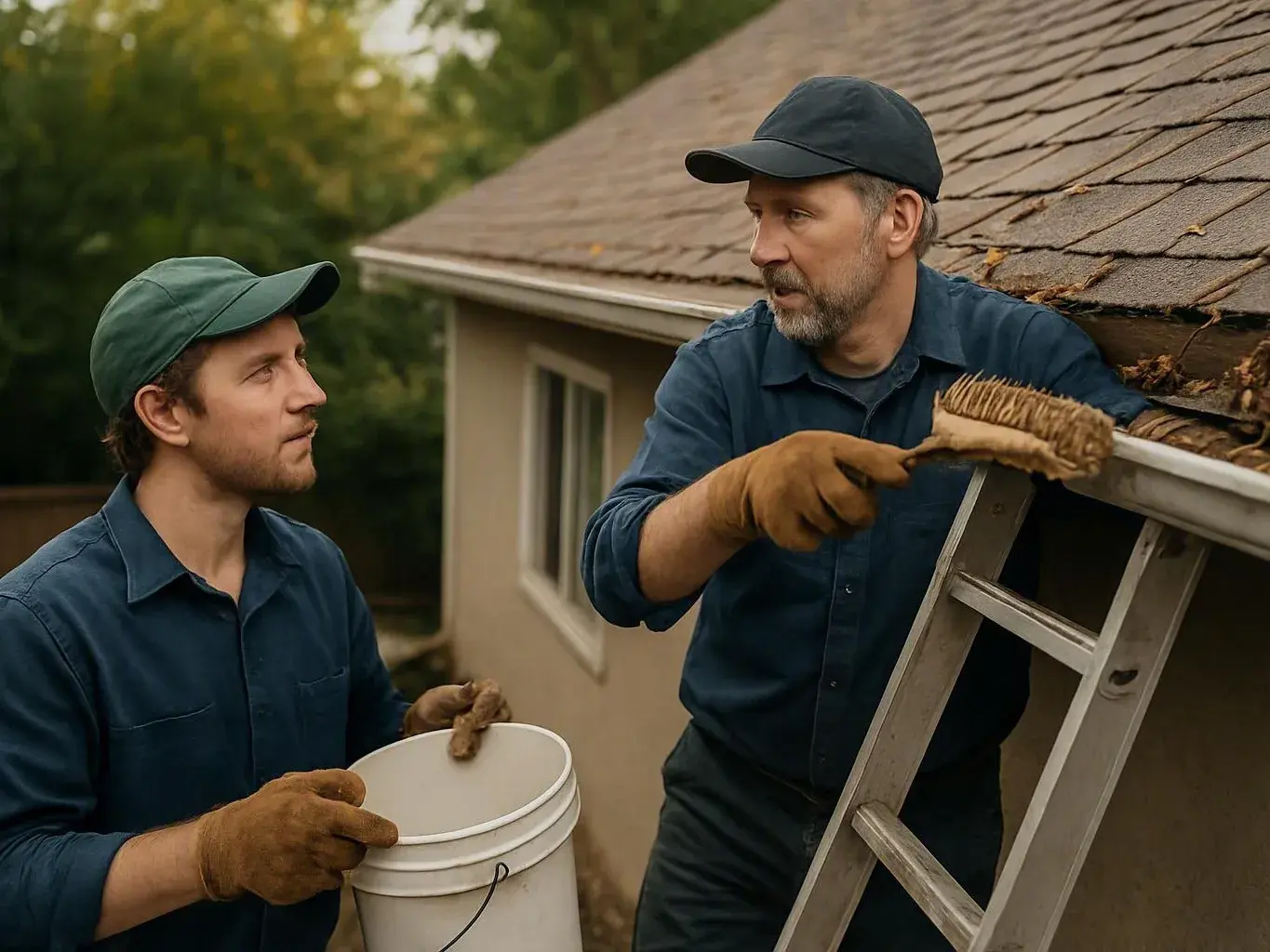 Two workers inspect a roof gutter beside a house, one on a ladder and one holding a bucket