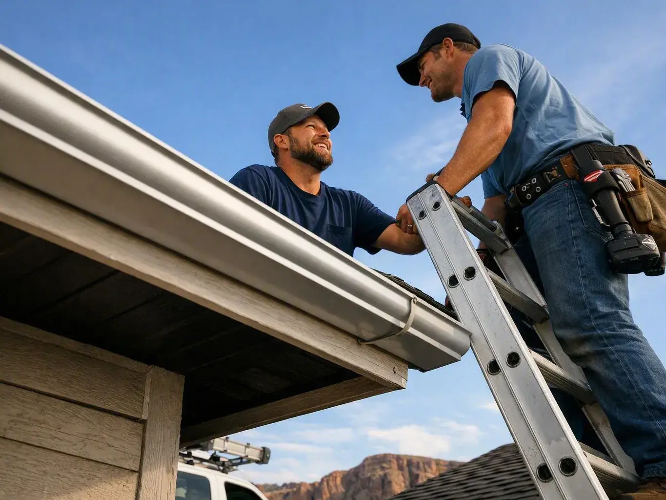 Two workers talk on a ladder while inspecting a roof gutter under a blue sky
