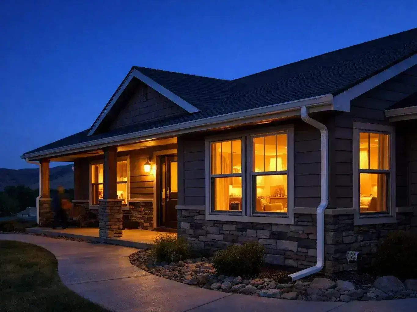 A warmly lit house with stone trim sits beside a curved walkway at dusk