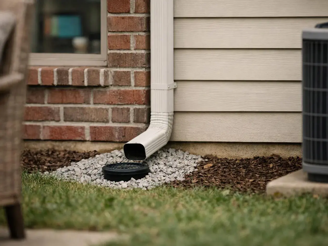 A white downspout drains beside a brick wall and beige siding, over gravel near a yard