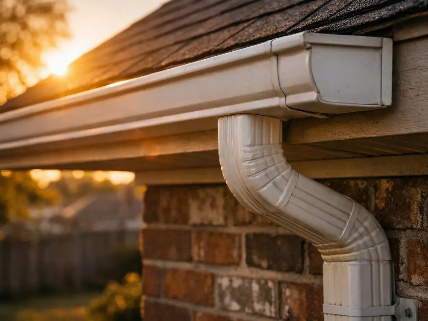 A white gutter and downspout run along a brick house roof at sunset