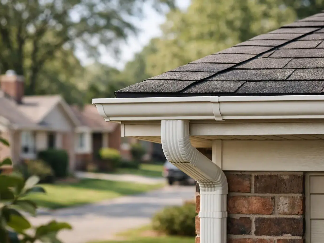 A white gutter and downspout run along a house roof above a brick wall in a leafy neighborhood
