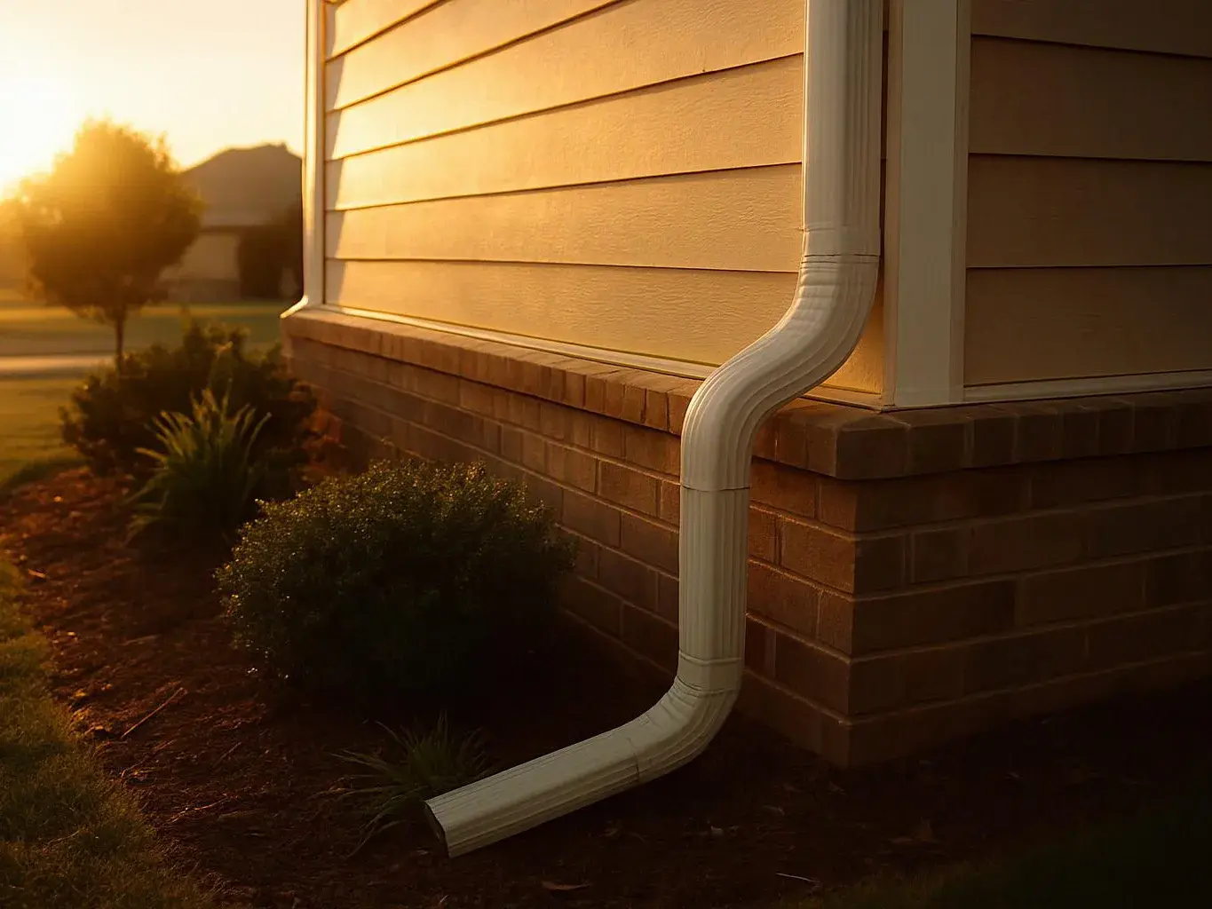 A white gutter downspout runs down a brick house wall beside shrubs in warm sunset light
