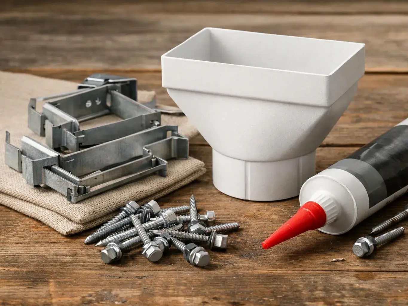A white plastic funnel sits beside metal brackets, screws, and a red-tipped tube on a wooden table