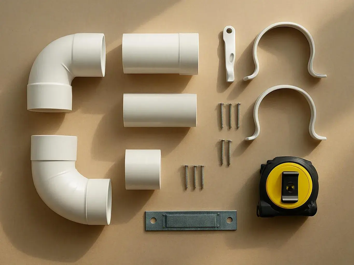 White plastic pipes, elbows, clips, screws, a metal bracket, and a tape measure lie arranged on a tan surface