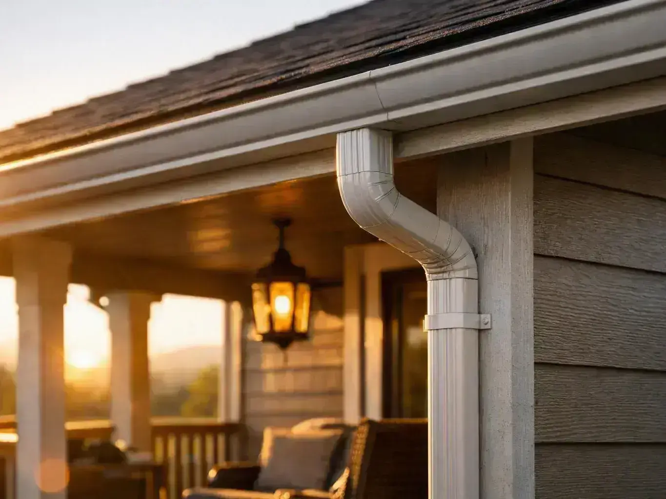 A white rain gutter runs down a house corner beside a sunlit porch with a hanging lantern