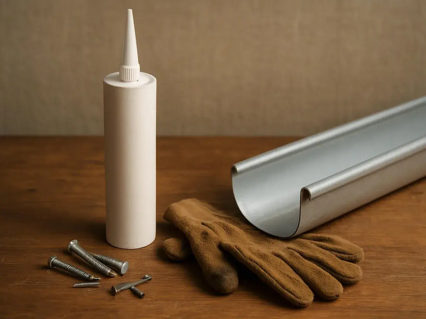 A white sealant tube, metal screws, work gloves, and a gutter section rest on a wooden table