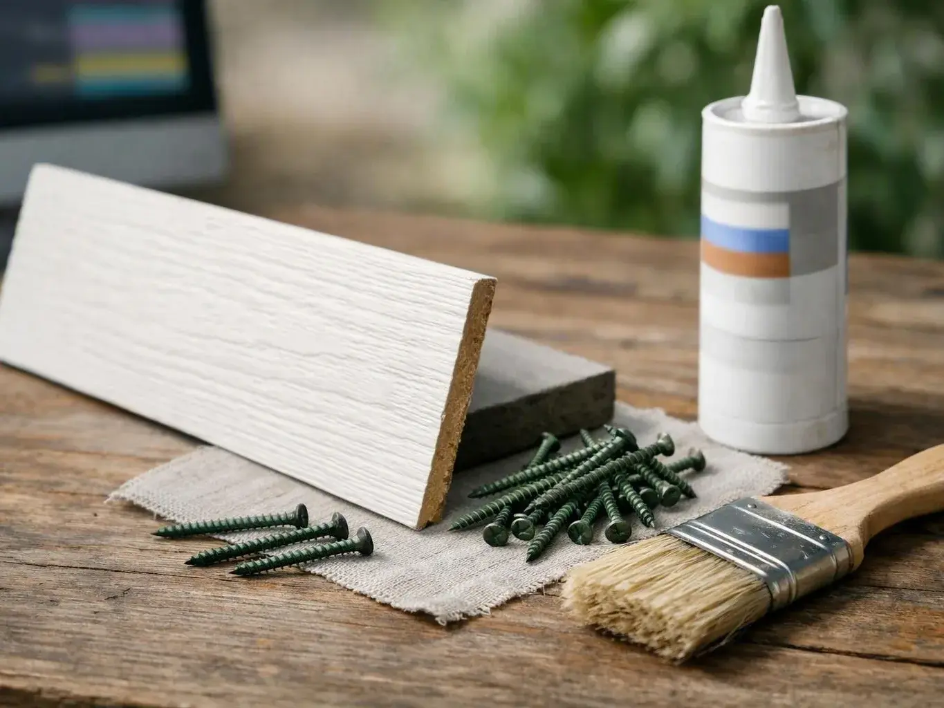 White trim board, green screws, paintbrush, and adhesive tube on a wooden workbench