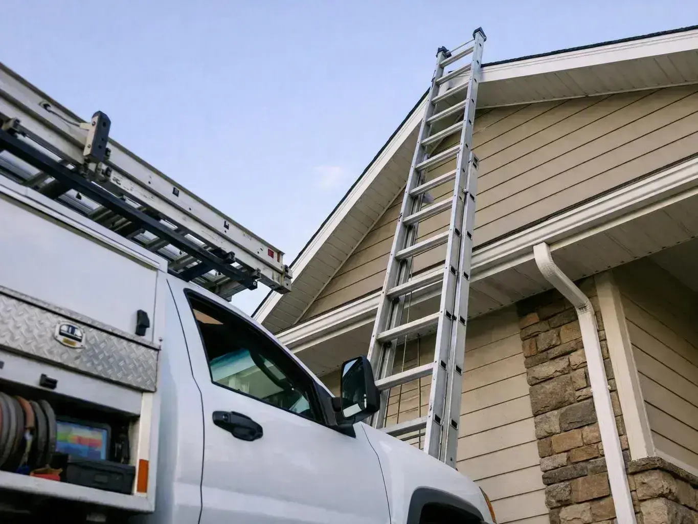 A white utility truck and tall ladder stand beside a house with tan siding and stone trim
