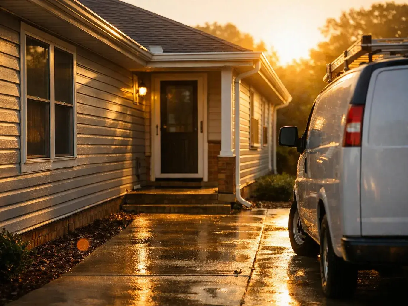 A white van is parked beside a wet sidewalk outside a sunlit house entrance