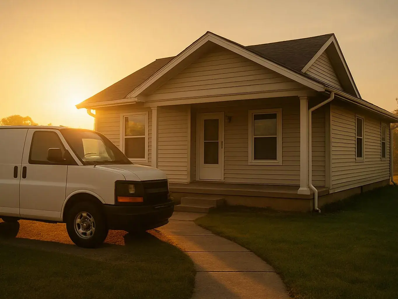 A white van sits beside a small house at sunset
