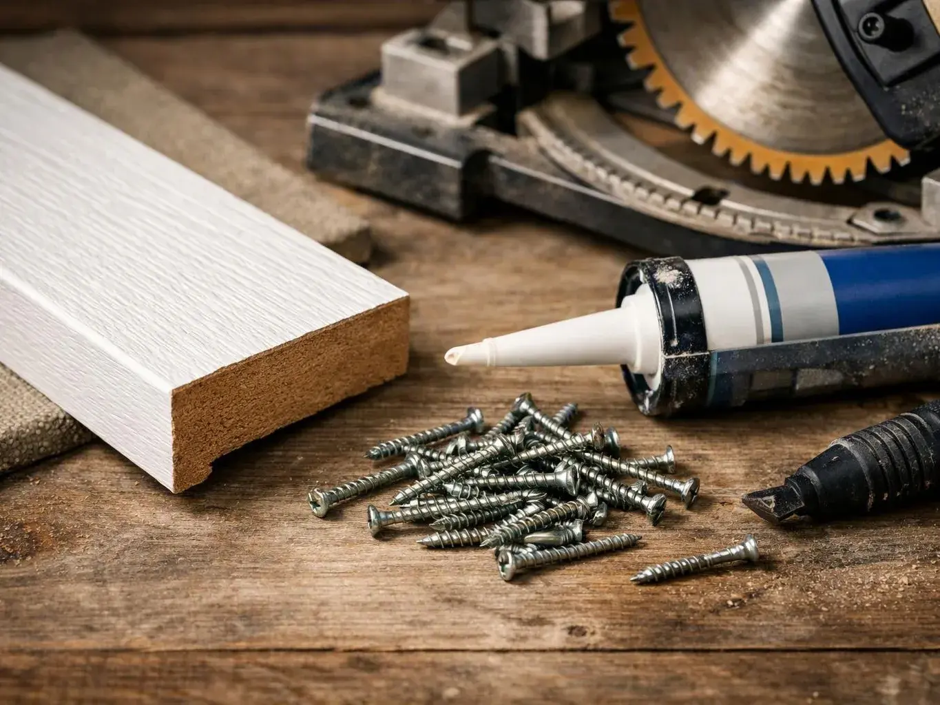 A wood plank, pile of screws, caulk tube, and circular saw blade rest on a workshop table