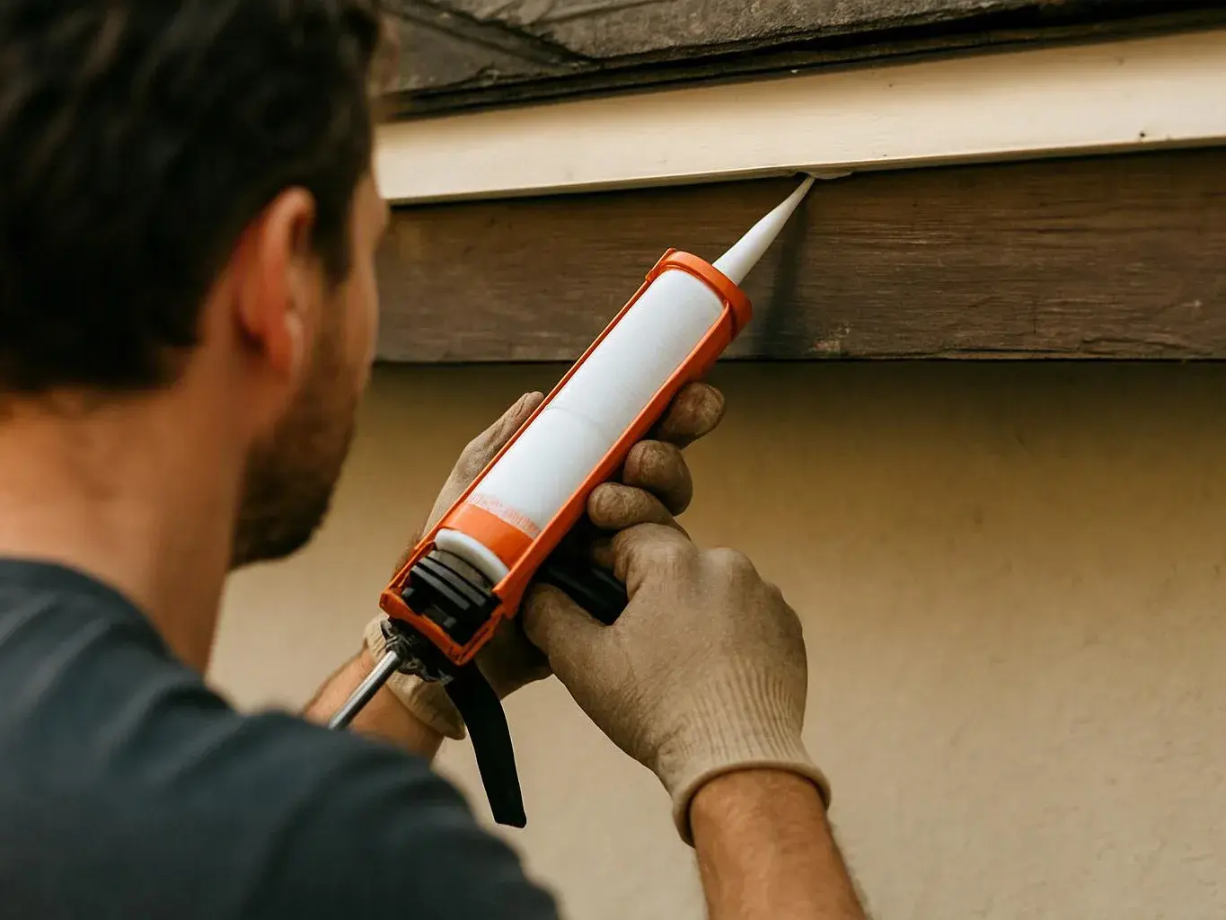 A worker applies caulk with a sealant gun along a wooden roof edge outdoors