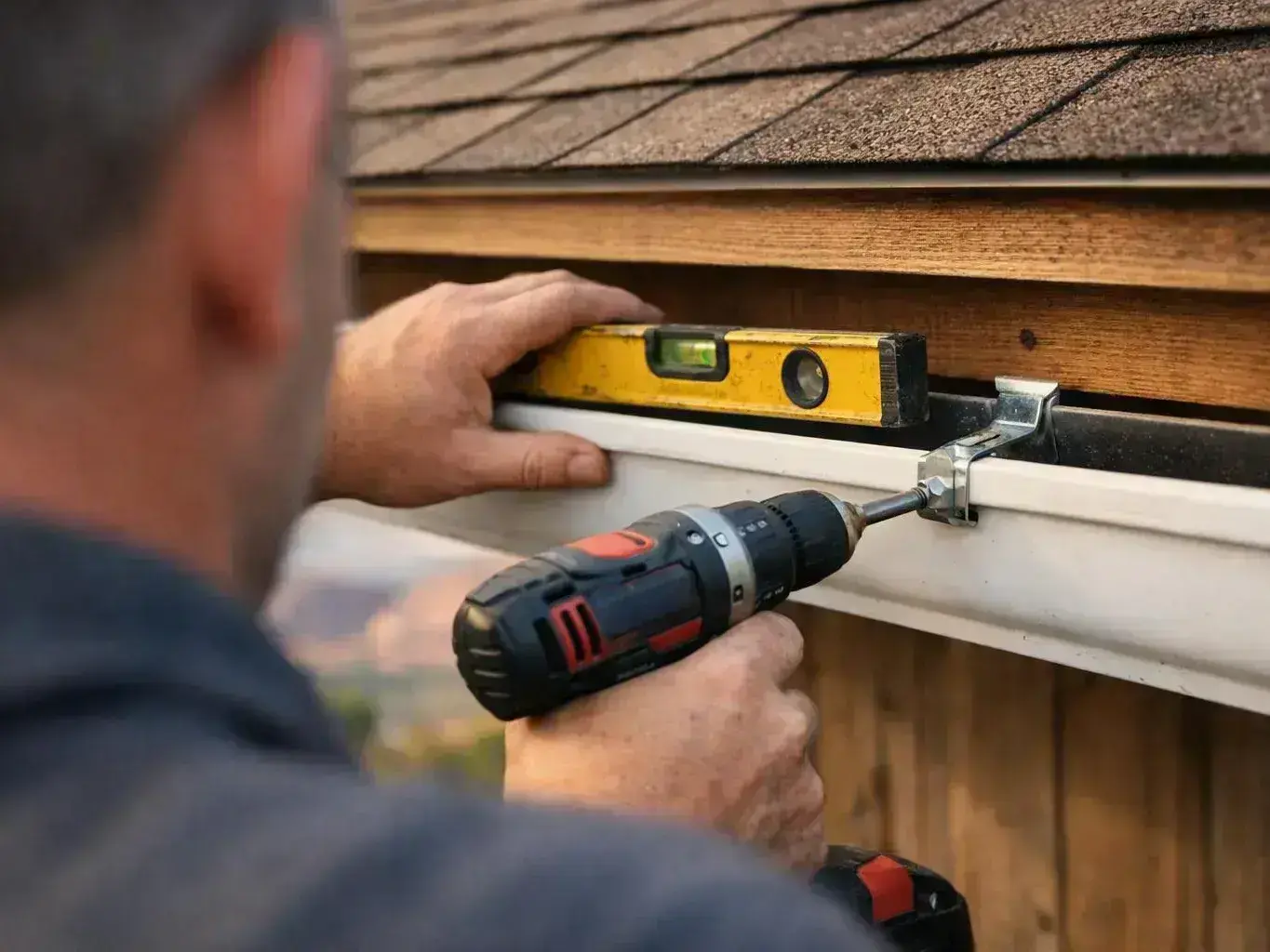 A worker drills a bracket into a roof gutter while holding a level against the edge
