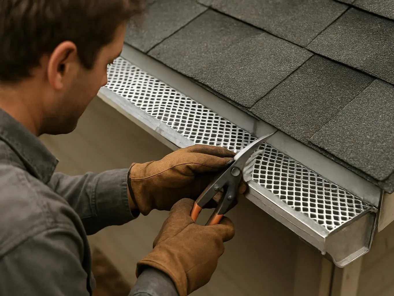 A worker in gloves cuts metal flashing beside a shingled roof and gutter edge