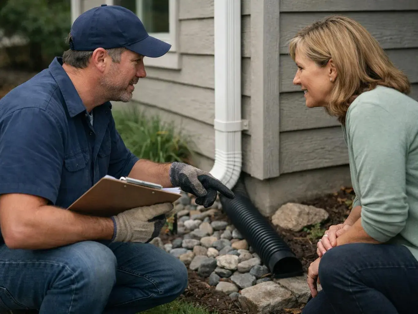 A worker kneels beside a house, talking to a woman and pointing at a downspout drain on the ground