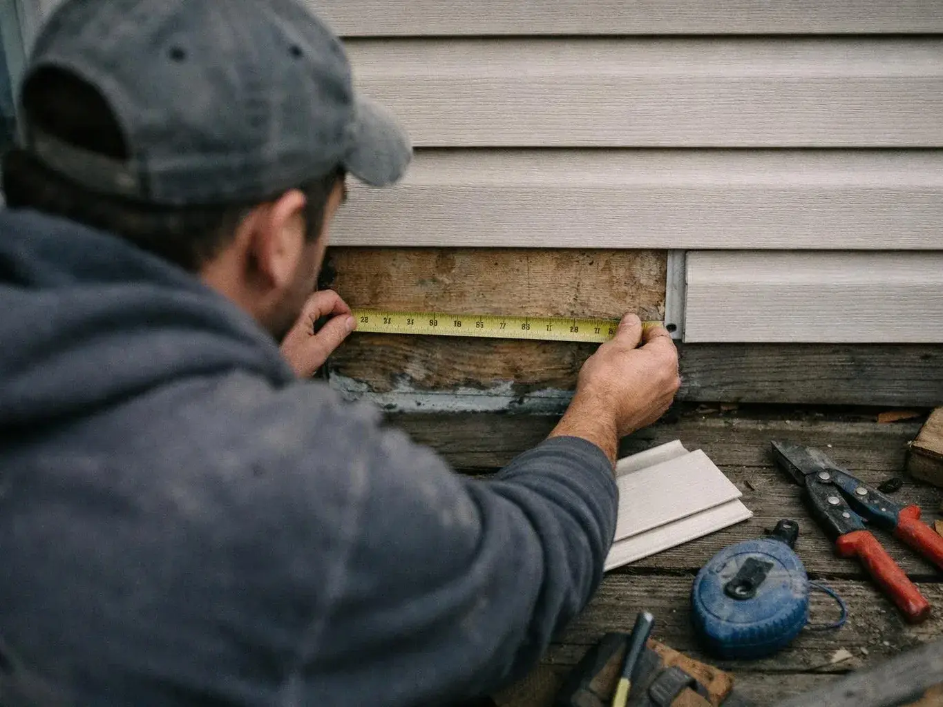 A worker measures siding with a tape measure while tools rest on a wooden workbench