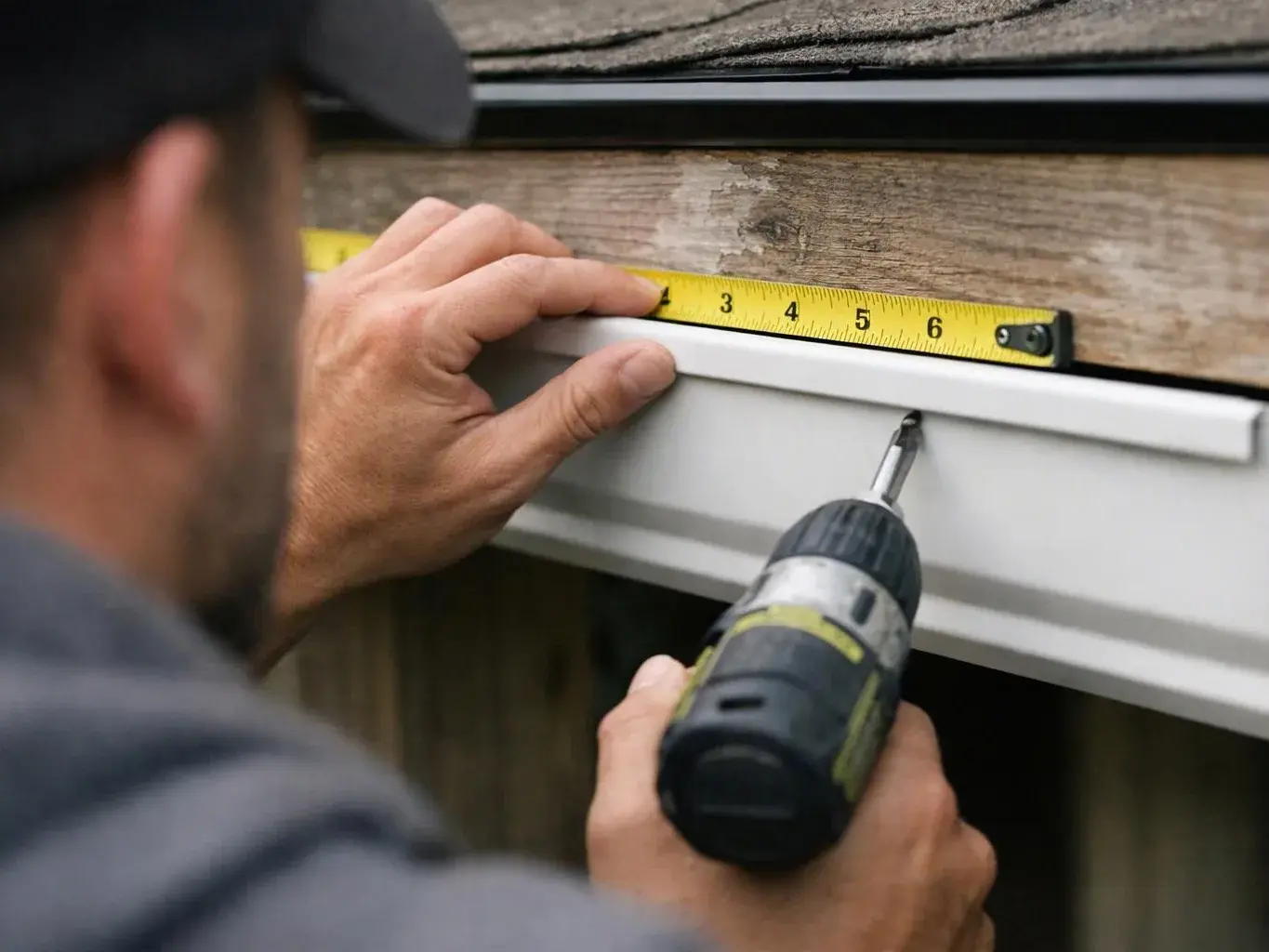 A worker measures a wooden board and drives a screw into white trim under a roofline