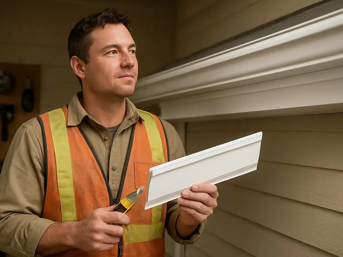 A worker in a safety vest holds trim and a utility knife beside a house exterior