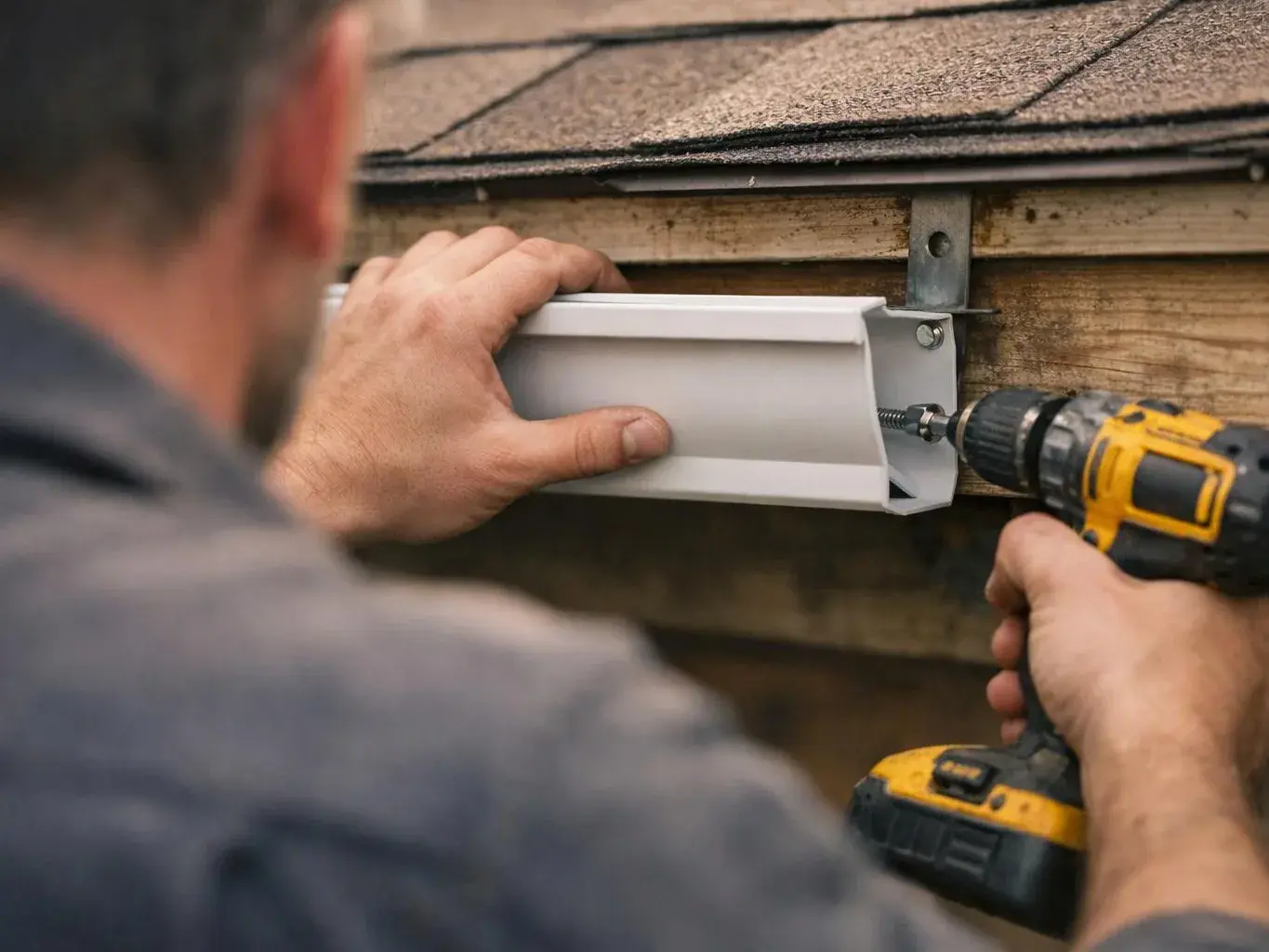 A worker screws a white gutter bracket onto a roof edge with a yellow drill