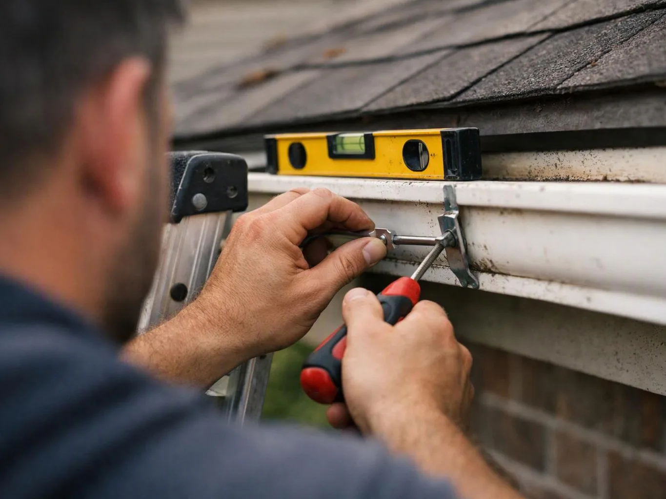A man tightens a gutter bracket with a screwdriver beside a ladder under a roofline