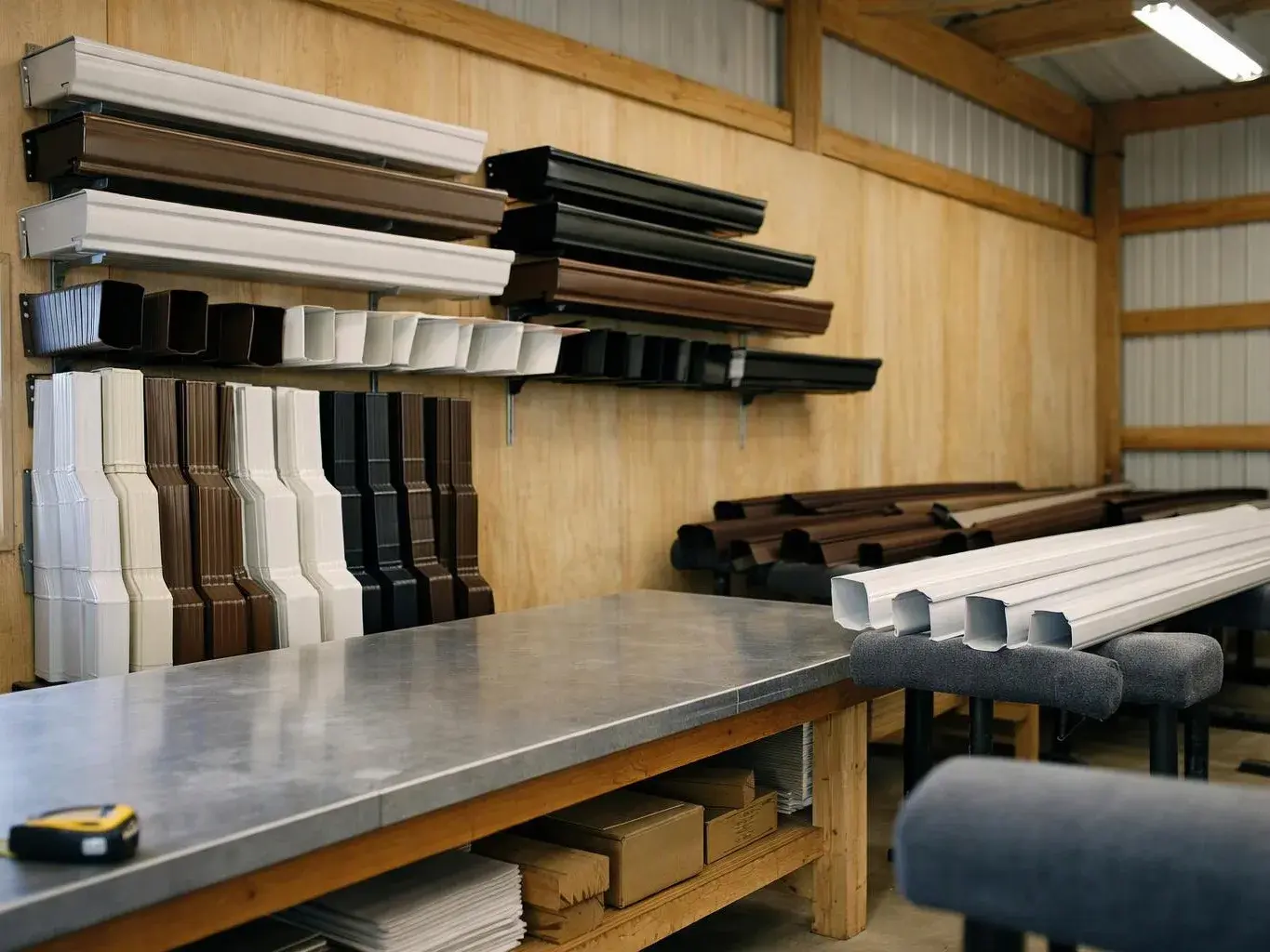 A workshop shows stacked metal and vinyl gutter sections on wall racks and tables